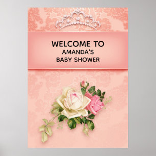Roze floral & Diamond Tiara Princess Baby shower Poster