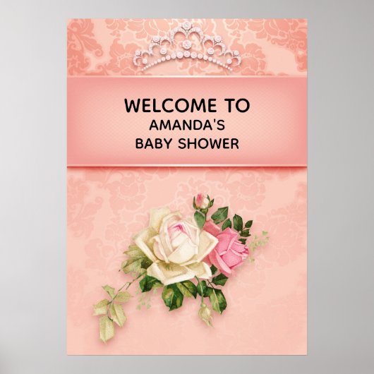 Roze floral & Diamond Tiara Princess Baby shower Poster (Voorkant)