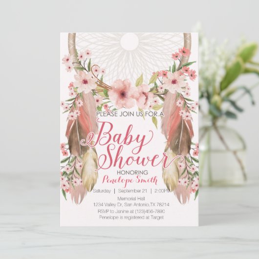 Roze Floral Dreamweaver Baby shower Uitnodiging (Staand voorkant)