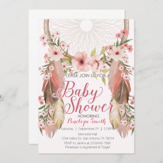 Roze Floral Dreamweaver Baby shower Uitnodiging (Voorkant / Achterkant)