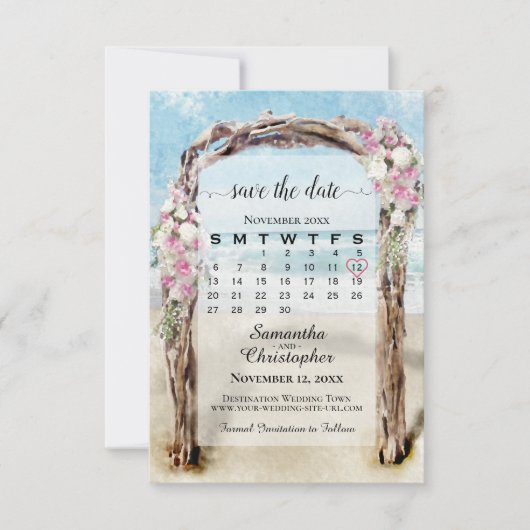 Roze Floral Driftwood Beach Arbor bruiloft Save The Date (Voorkant)
