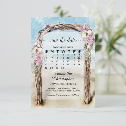 Roze Floral Driftwood Beach Arbor bruiloft Save The Date (Staand voorkant)