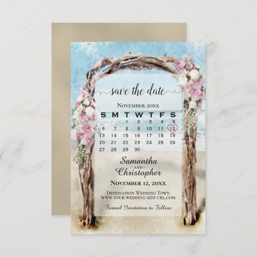 Roze Floral Driftwood Beach Arbor bruiloft Save The Date (Voorkant / Achterkant)