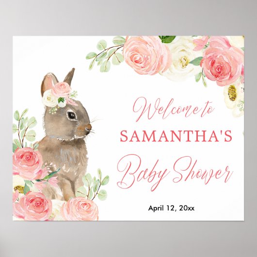 Roze floral Easter bunny baby shower welkomstbord Poster (Voorkant)