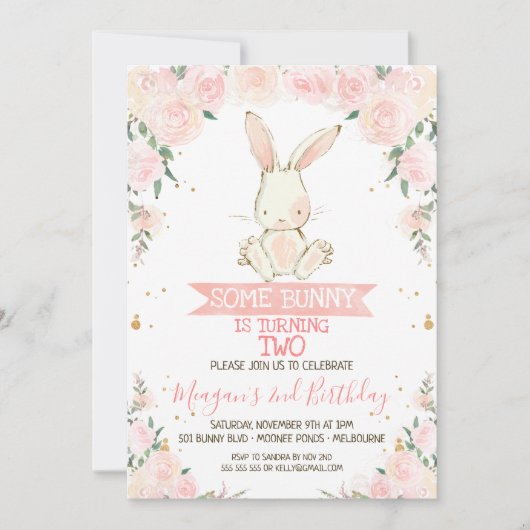 Roze Floral een uitnodiging voor 'Bunny Girls Birt (Voorkant)