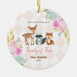 Roze Floral Eerste Kerstmis als familie van 3 jaar Keramisch Ornament