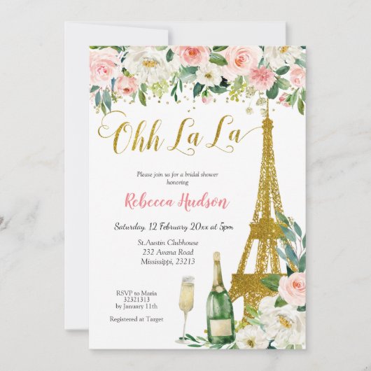 Roze Floral Eiffel Paris Bridal Shower Kaart (Voorkant)