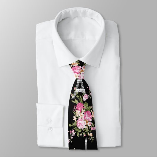 Roze Floral Eiffeltoren op zwart Stropdas (Gebonden)