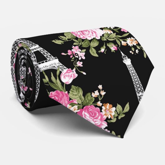 Roze Floral Eiffeltoren op zwart Stropdas (Opgerold)