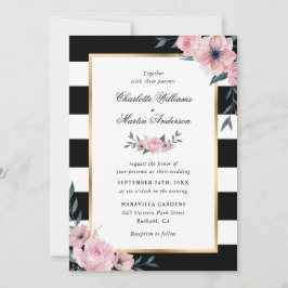 Roze Floral Elegant Black White Striped Wedding Kaart