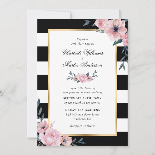 Roze Floral Elegant Black White Striped Wedding Kaart (Voorkant)