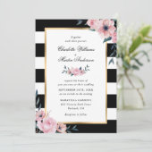 Roze Floral Elegant Black White Striped Wedding Kaart (Staand voorkant)
