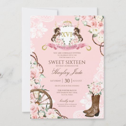 Roze Floral & Elegant Crest Cowgirl Ranch Sweet 16 Kaart (Voorkant)