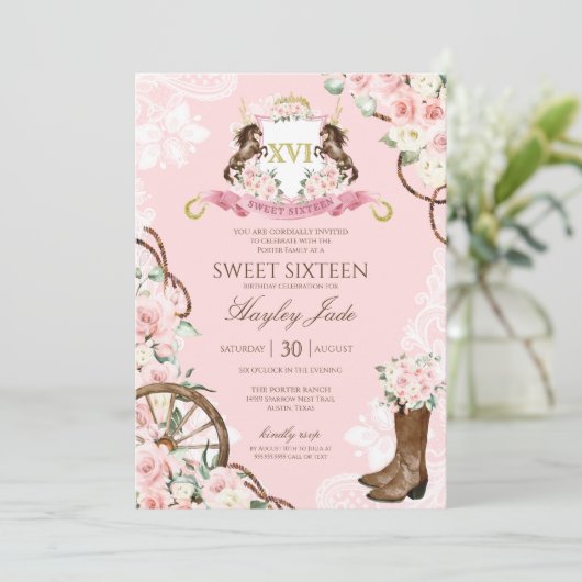 Roze Floral & Elegant Crest Cowgirl Ranch Sweet 16 Kaart (Staand voorkant)