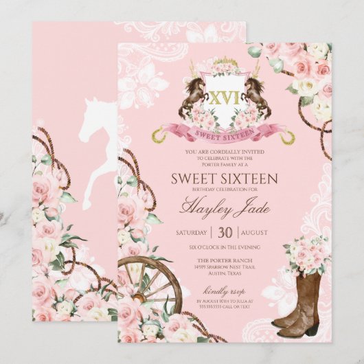 Roze Floral & Elegant Crest Cowgirl Ranch Sweet 16 Kaart (Voorkant / Achterkant)