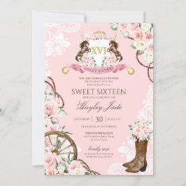 Roze Floral & Elegant Crest Cowgirl Ranch Sweet 16 Kaart