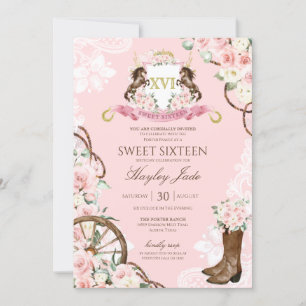 Roze Floral & Elegant Crest Cowgirl Ranch Sweet 16 Kaart