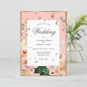 Roze Floral Elegant Gold Wedding Uitnodiging