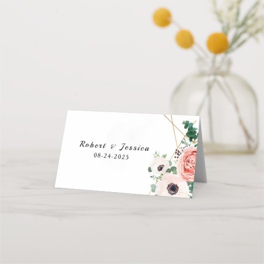 Roze Floral Elegant Modern Flowers Wedding Plaatskaartje (Voorkant)