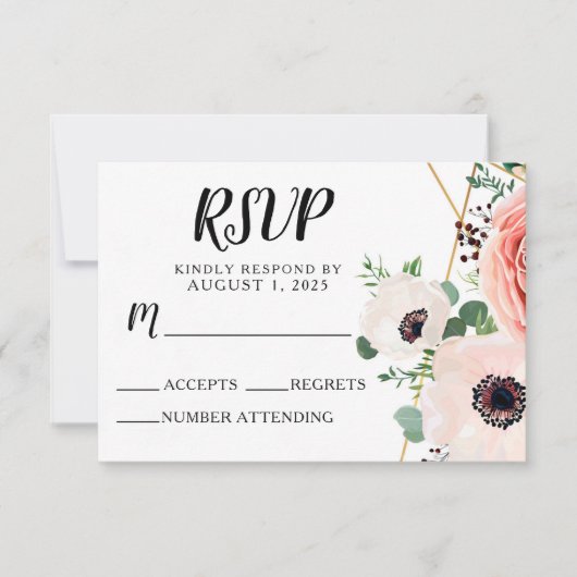 Roze Floral Elegant Modern Flowers Wedding RSVP Kaartje (Voorkant)