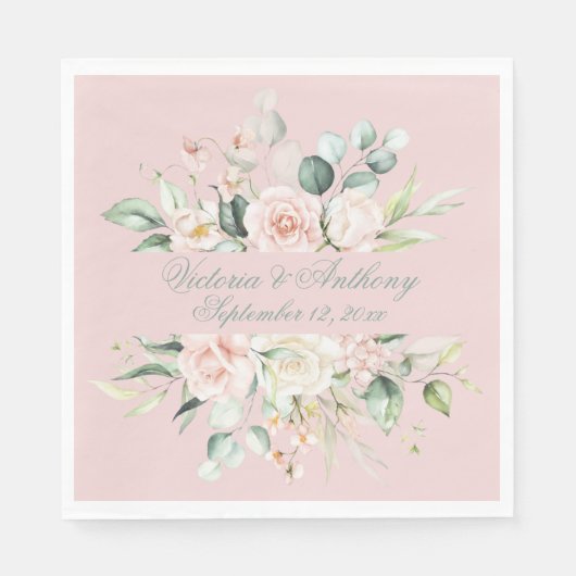 Roze Floral Elegant Script Name Wedding Servet (Voorkant)