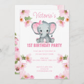 Roze Floral Elephant 1e verjaardag Kaart (Voorkant / Achterkant)