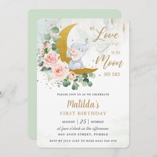Roze Floral Elephant 1st Birthday Crescent Moon  Kaart (Voorkant / Achterkant)