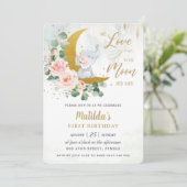 Roze Floral Elephant 1st Birthday Crescent Moon  Kaart (Staand voorkant)