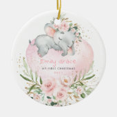 Roze Floral Elephant Baby 1e Kerstmis Keramisch Ornament (Voorkant)