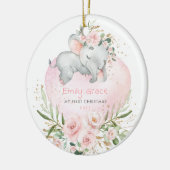 Roze Floral Elephant Baby 1e Kerstmis Keramisch Ornament (Links)