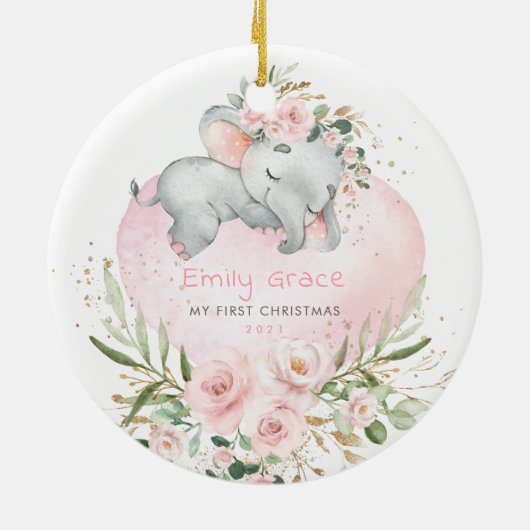 Roze Floral Elephant Baby 1e Kerstmis Keramisch Ornament (Achterkant)