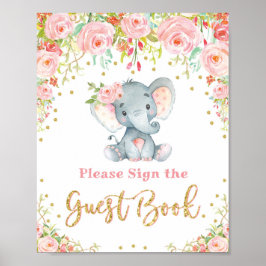 Roze Floral Elephant Baby shower Guest Book Sign Poster