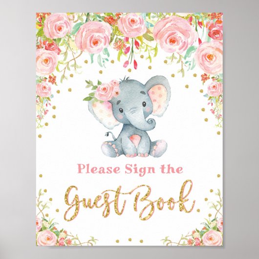 Roze Floral Elephant Baby shower Guest Book Sign Poster (Voorkant)