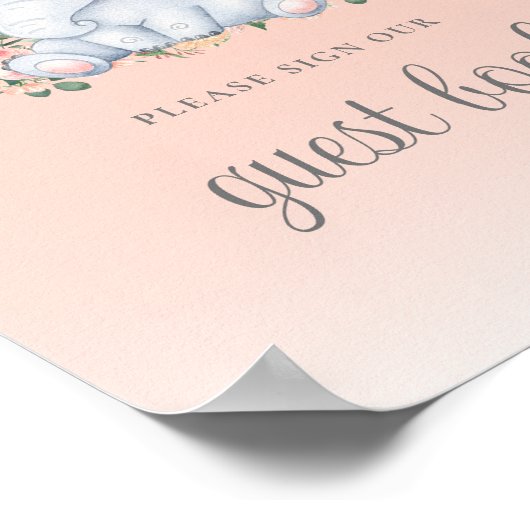 Roze Floral Elephant Baby shower Guest Book Sign Poster (Hoek)