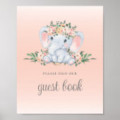 Roze Floral Elephant Baby shower Guest Book Sign Poster (Voorkant)