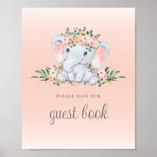 Roze Floral Elephant Baby shower Guest Book Sign Poster (Voorkant)