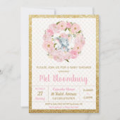 Roze Floral Elephant Baby shower Invitation Girl Kaart (Voorkant)