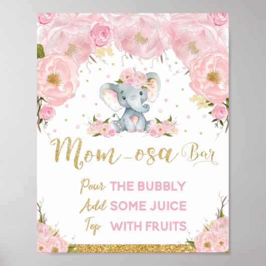 Roze Floral Elephant Baby shower Mam-osa Bar Poster (Voorkant)