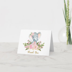 Roze Floral Elephant Baby shower Opmerking: Bedankkaart