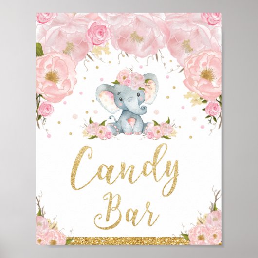 Roze Floral Elephant Baby shower Snoep Bar Sign Poster (Voorkant)