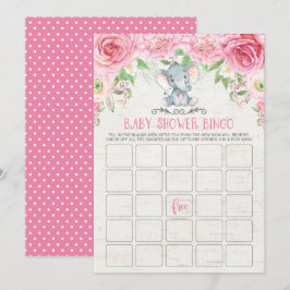 Roze Floral Elephant Bingo Baby shower Game Card Kaart