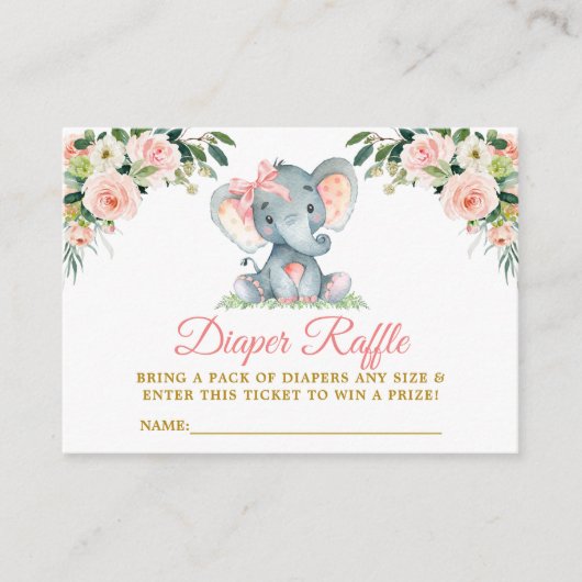 Roze Floral Elephant Bow Diaper Raffle Shower Informatiekaartje (Voorkant)