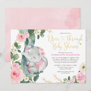 Roze Floral Elephant drive by Girl Baby shower Kaart