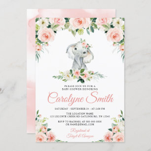Roze Floral Elephant Editable Baby shower Kaart