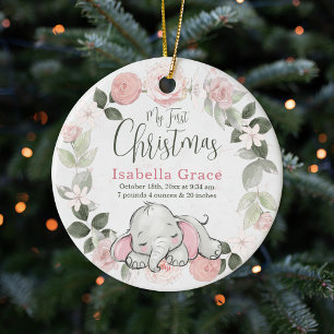Roze Floral Elephant Girl Baby 1e kerstfoto Keramisch Ornament
