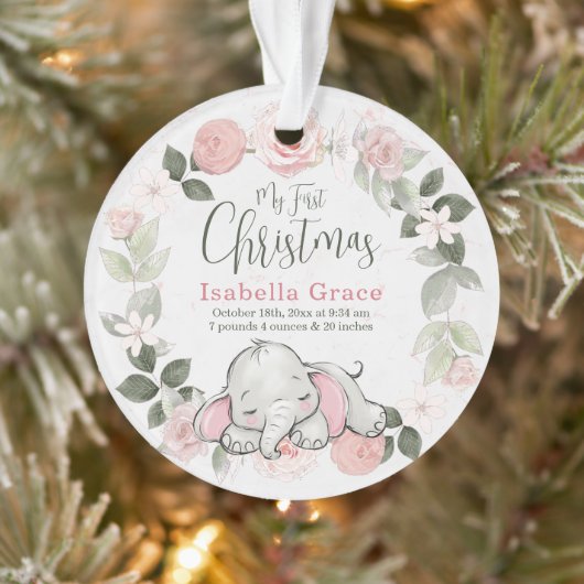 Roze Floral Elephant Girl Baby 1e kerstfoto Ornament (Boom)