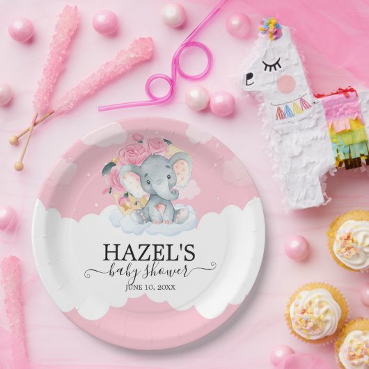 Roze Floral Elephant Little Peanut Baby shower Papieren Bordje (Feest)