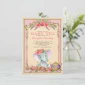  Roze Floral Elephant Tea Party Baby shower Kaart (Staand voorkant)