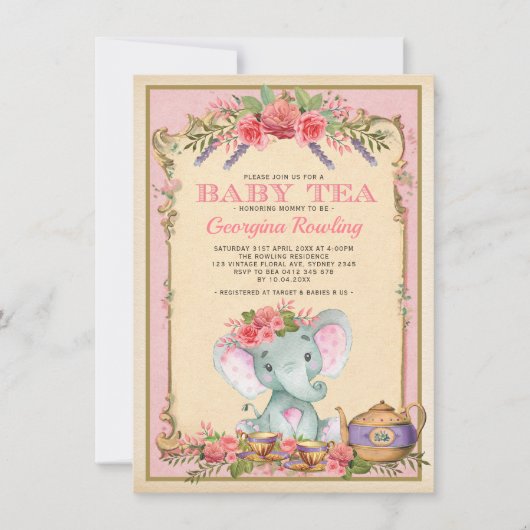  Roze Floral Elephant Tea Party Baby shower Kaart (Voorkant)