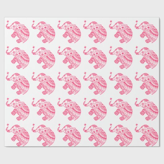 Roze Floral Elephant White Achtergrond Cadeaupapier (Vlak)